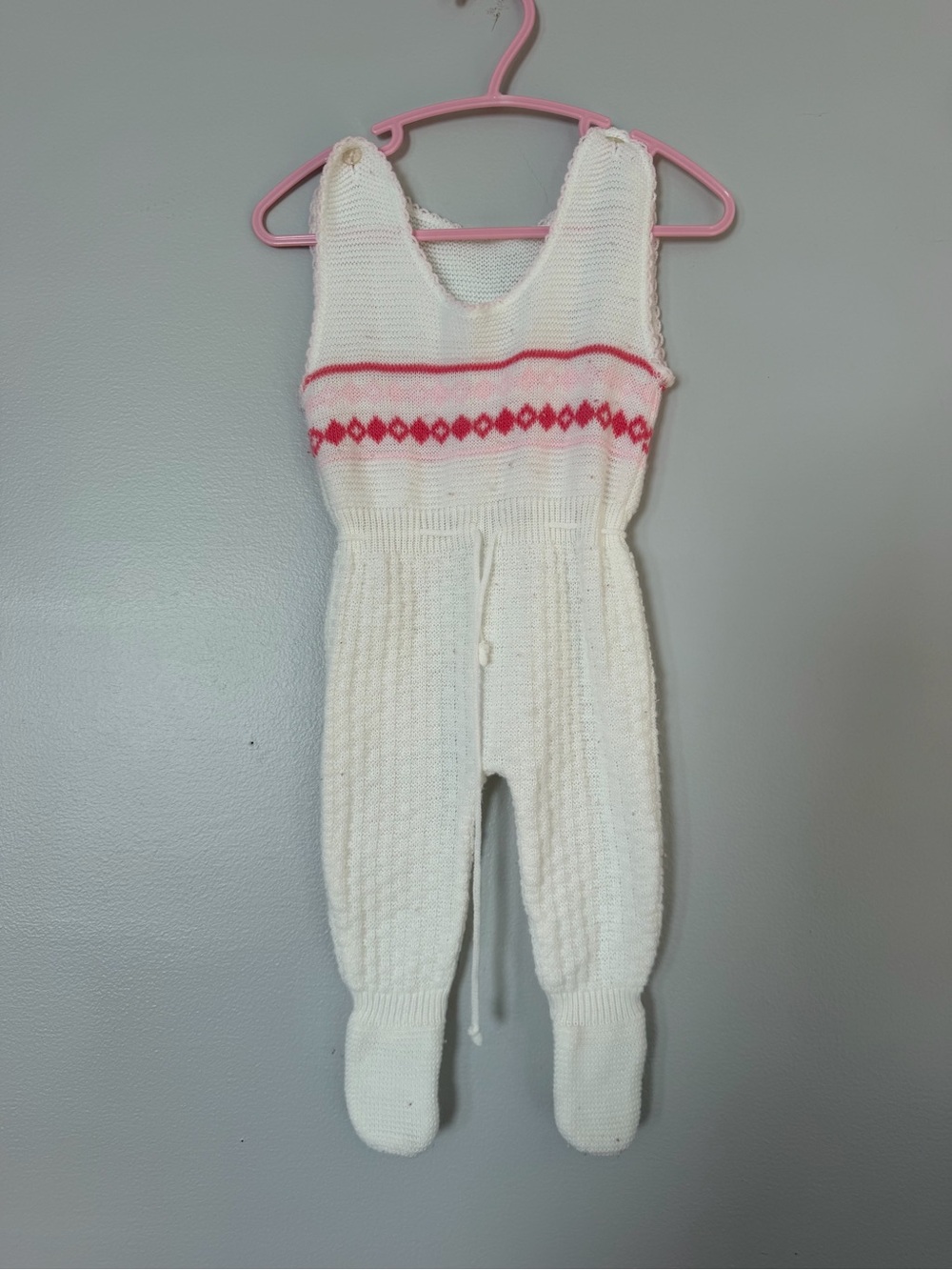 Vintage Cream Knit Footed One-Piece with Pink Stripe - Kids